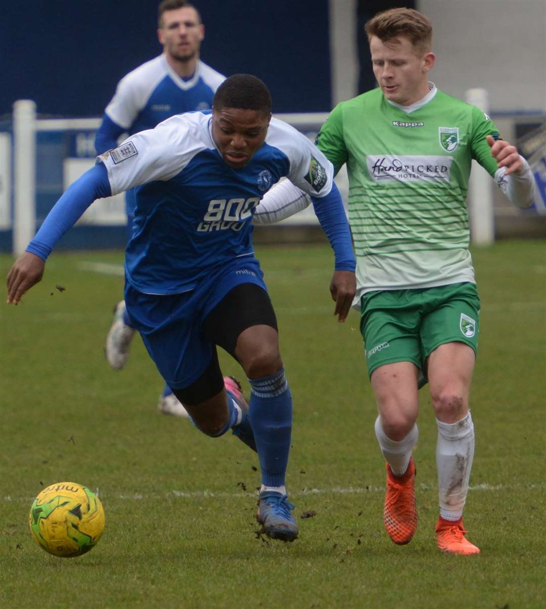 Herne Bay's Ronald Sobowale makes a break against Guernsey at Winch's Field on Saturday Picture: Chris Davey