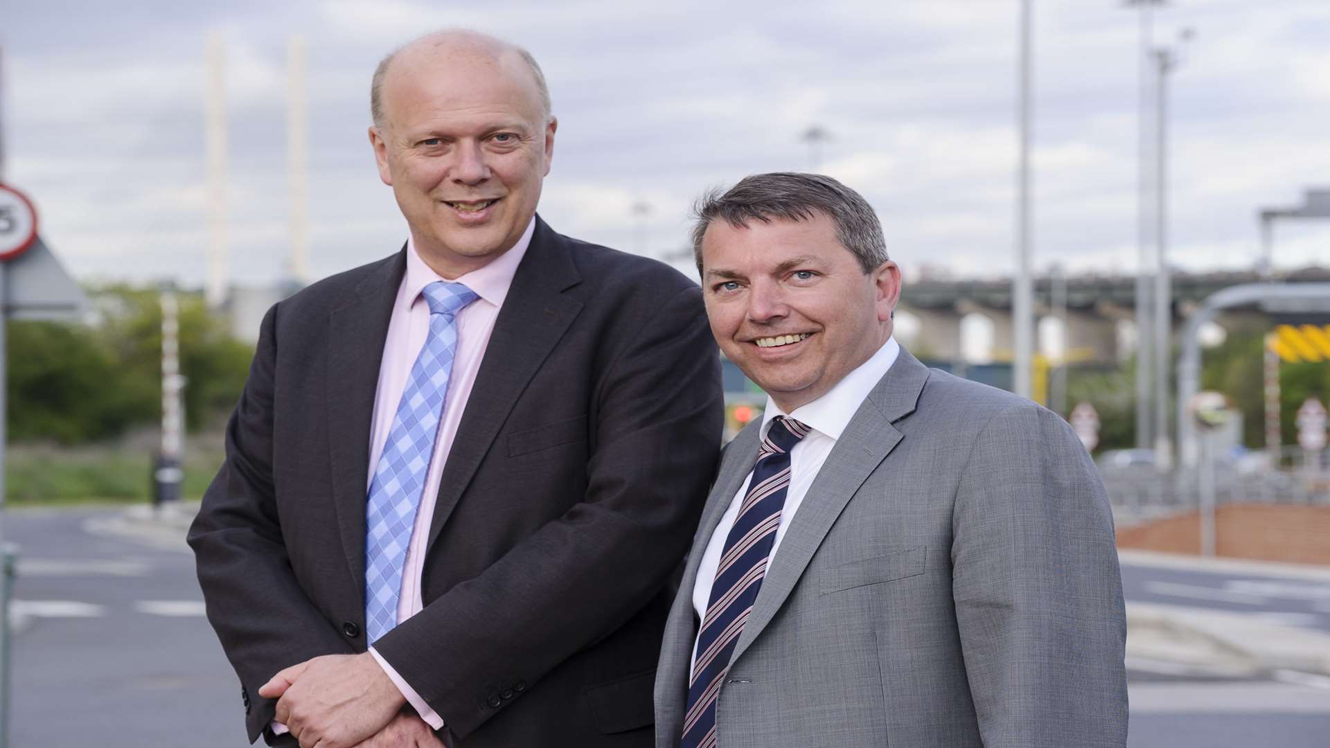 Chris Grayling and Gareth Johnson at the Dartford Crossing to announce the government's decision on the Lower Thames Crossing