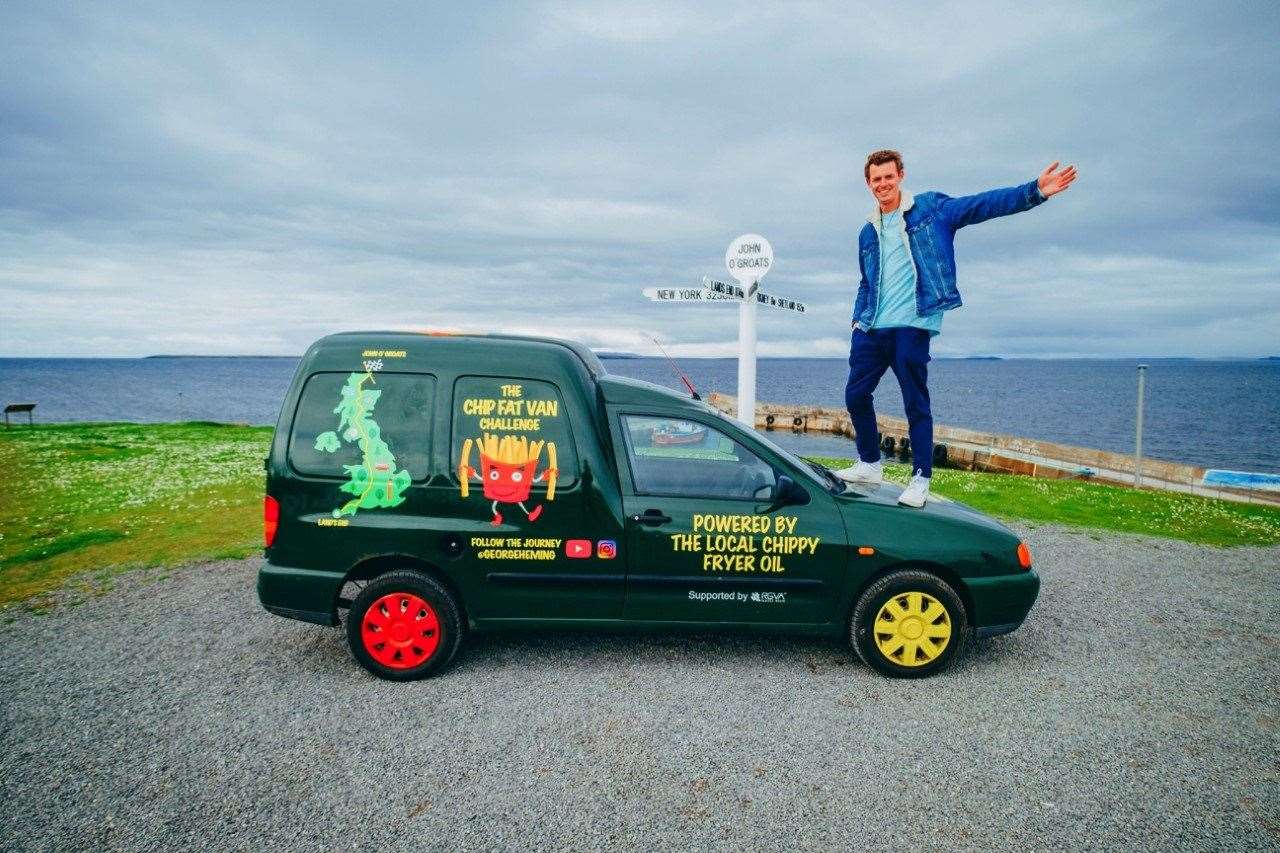 George Heming and his van at Land's End. Photo: SWNS
