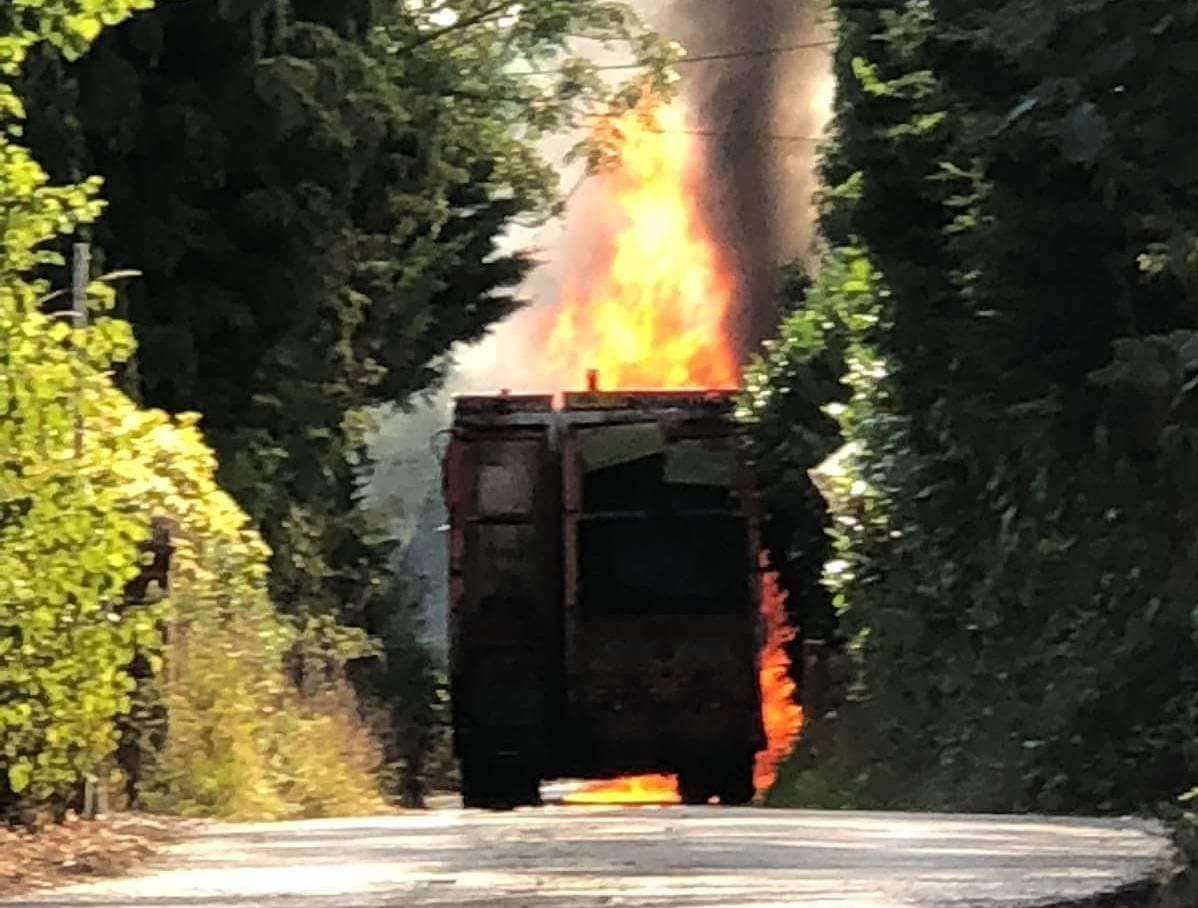 The bin lorry caught fire in Hernhill, near Faversham.