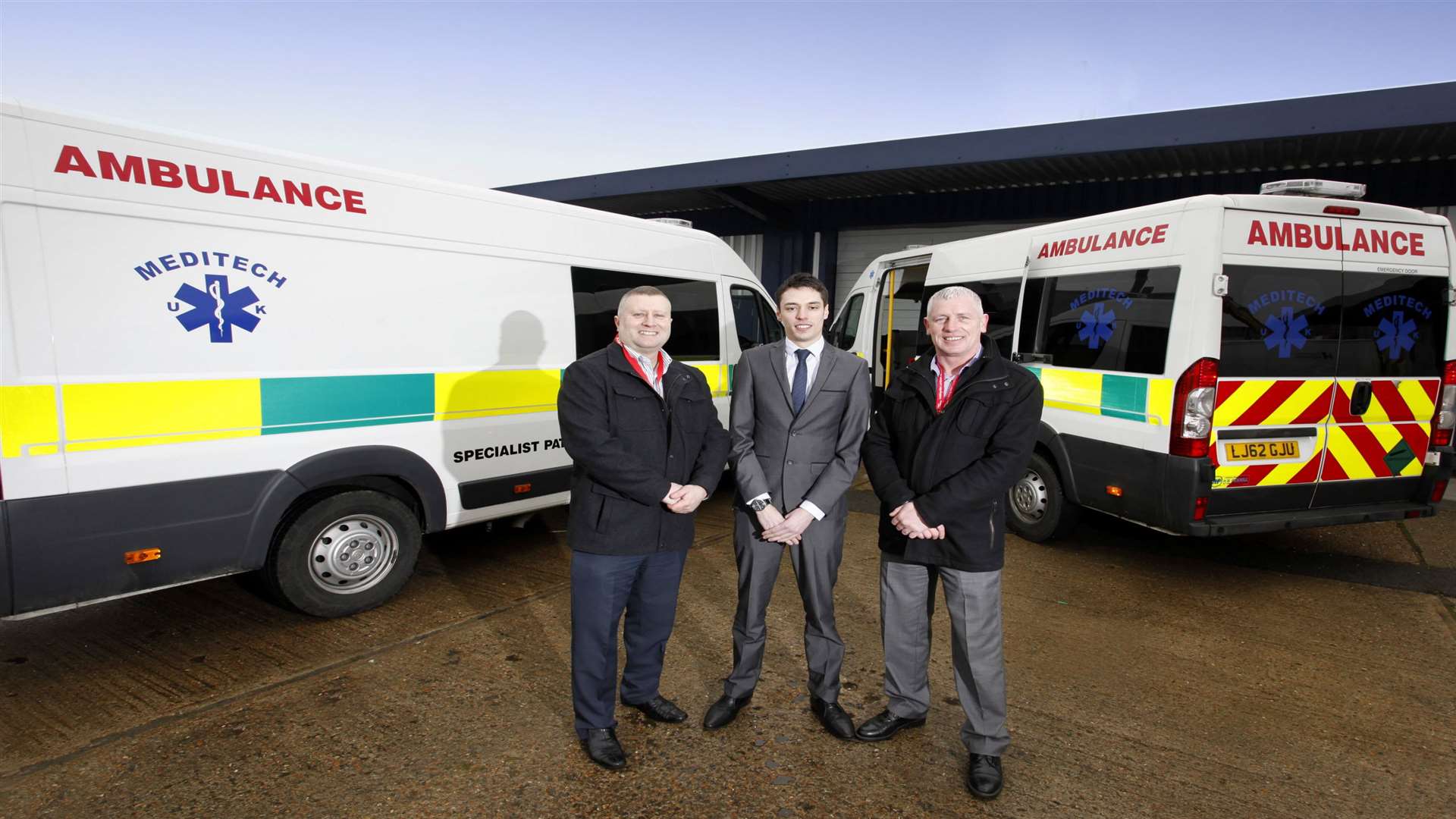 In happier times, Meditech UK Ambulance Service co-founders Paul Bleach, left and Nigel Patton, right, who sold the company in June, flank Lloyds relationship manager Ian Jobson after securing funding in 2013