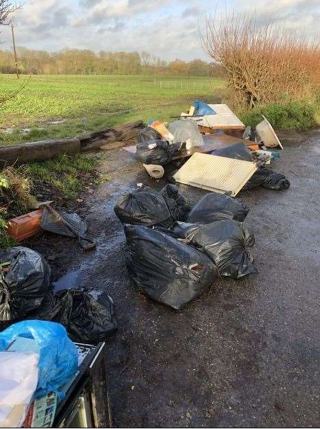 A huge pile of fly-tipped building and garden waste was found dumped in Harvel, near Meopham. Picture: Gravesham Borough Council
