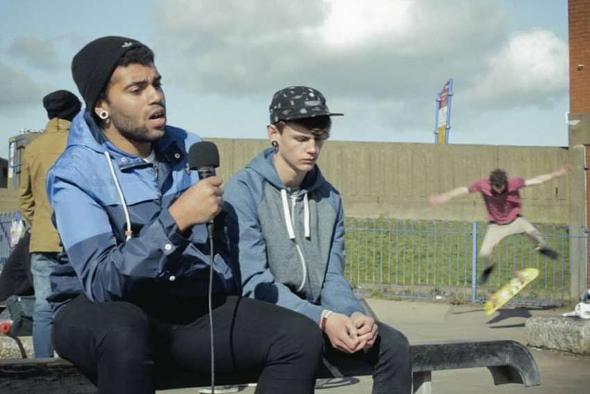 Kyle Chan and Jordan Blackburn (in baseball cap) during the filming of a promotional video for the proposed Sheerness skate park