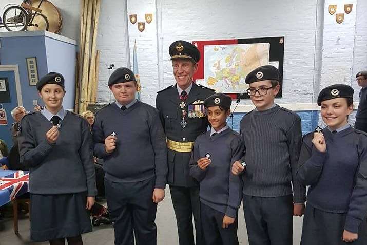 Deal Air Cadets' annual presentation: Pictured are Cadets Lowman, Garlinge, jeyaseelan, Simcox and Beggs receiving their First Class Classification badges from Air Marshall Chris Nickols