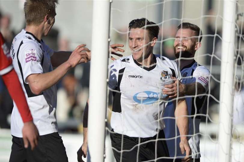 Dartford's Lee Burns is congratulated after opening the scoring against Welling Picture: Andy Payton