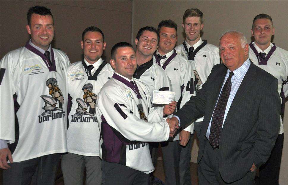 Members of the Island Barbarians Inline Hockey Team with Tony Gribble, chairman of Swale Community Leisure Ltd