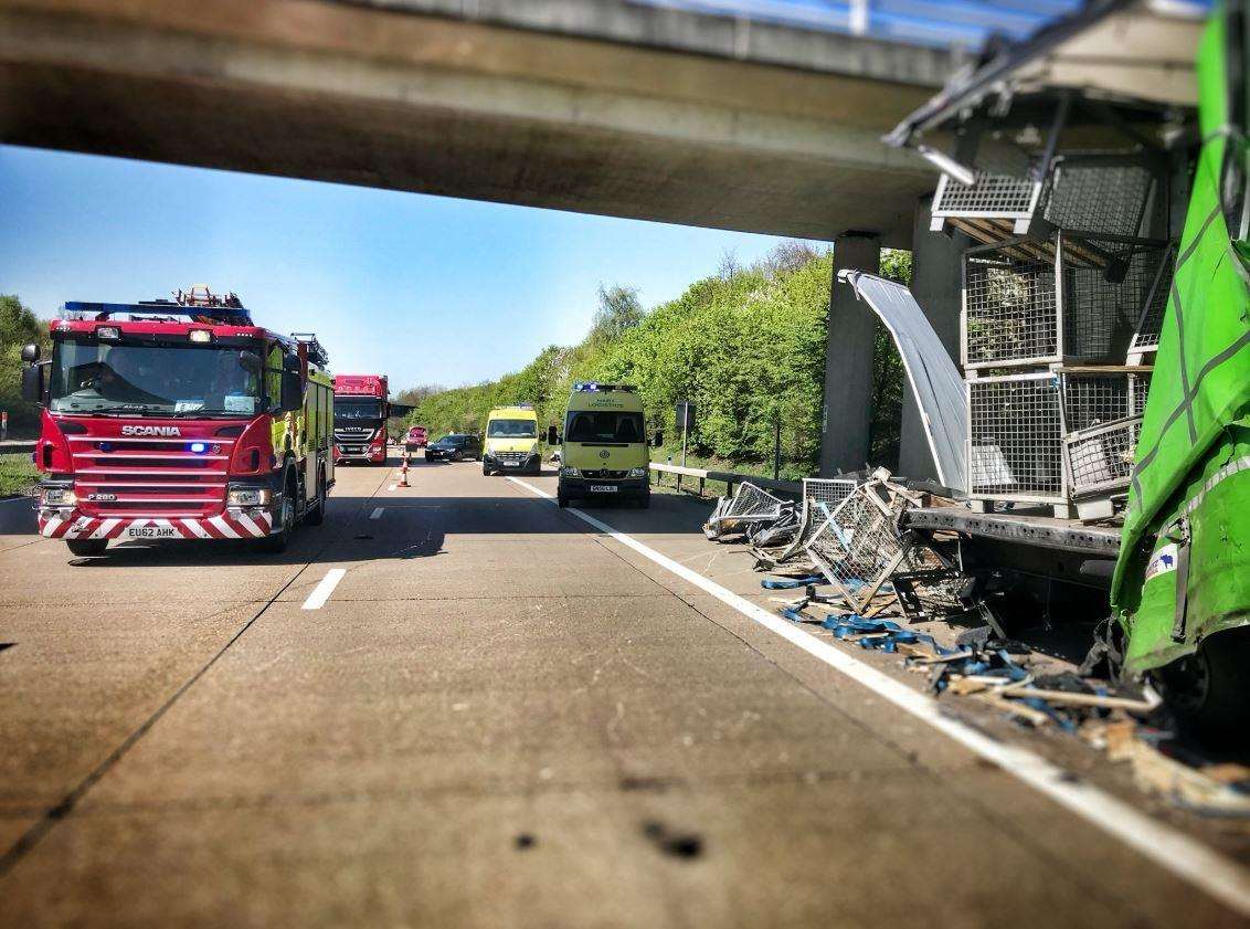 The damage caused by the smash on the M20. Photo: Kent Police RPU (1578799)