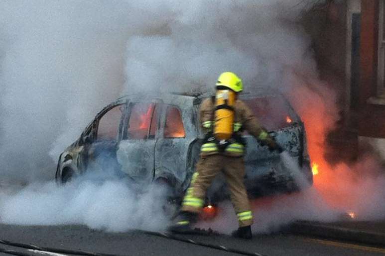 Flames erupt from a blazing car in Maidstone. Picture: Brett Lewis