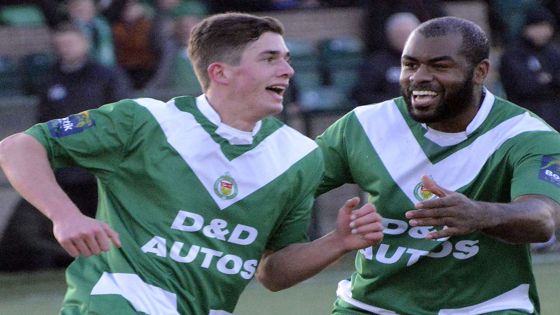 Max Watters, left, celebrates one of his goals against Thamesmead with Andrew Dalhouse Picture: Paul Amos