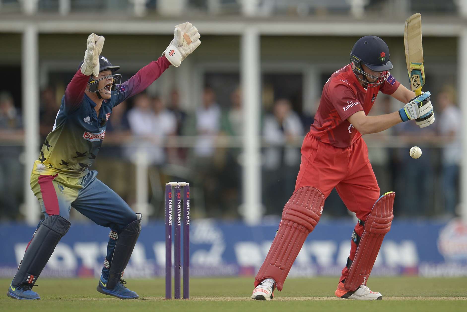 Kent's Sam Billings appeals unsuccessfully for a leg before decision against Lancashire's Jos Buttler during the NatWest T20 Blast quarter-final tie Picture: Ady Kerry