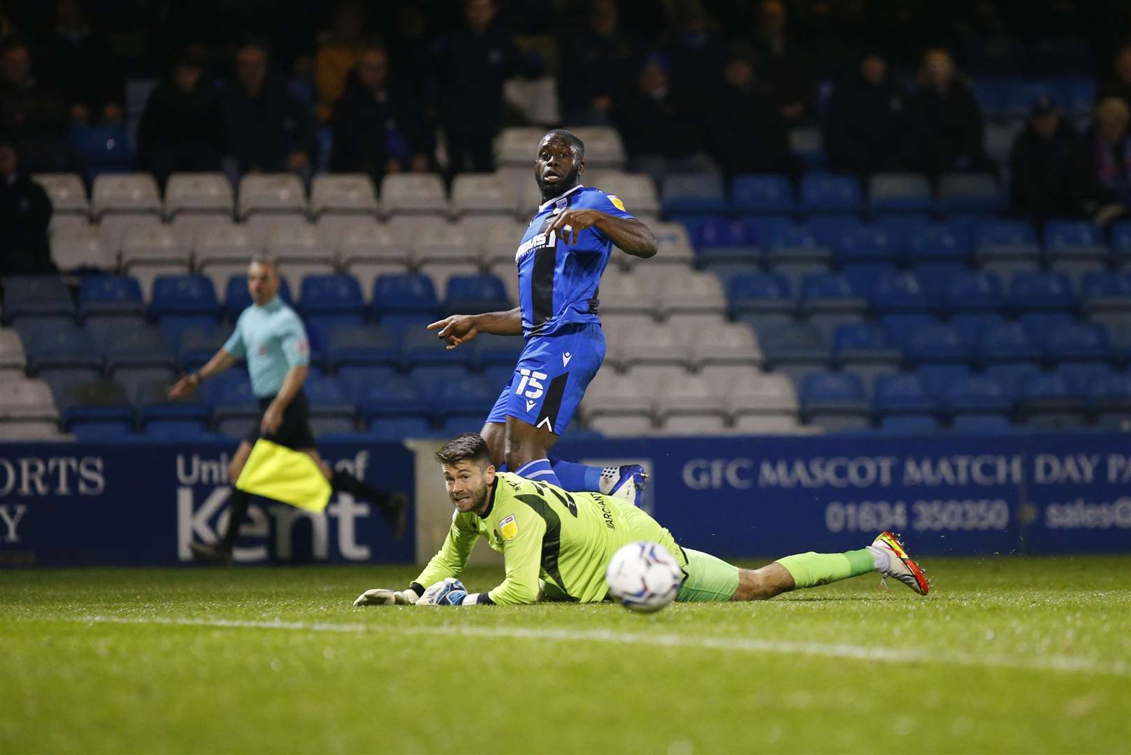 Gillingham striker Akinde goes even closer with another which comes off the woodwork Picture: Andy Jones