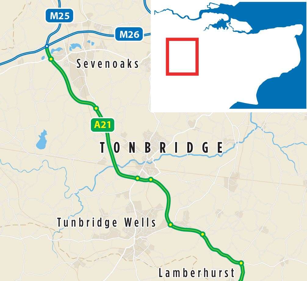 Map of the A21 between Tonbridge and Pembury