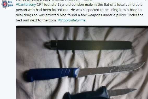 A tweet from the Canterbury Community Policing Team about knife confiscations