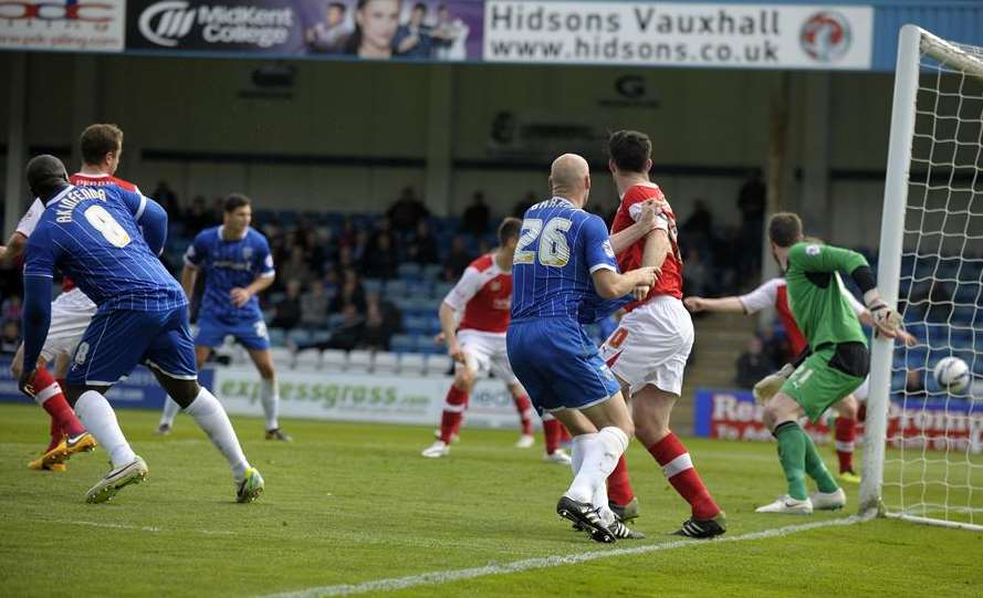 Adebayo Akinfenwa scores against Rotherham. Picture: Barry Goodwin