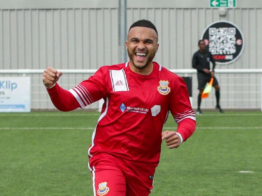 Whitstable striker Dean Grant celebrates his first goal at Welling Town. Picture: Les Biggs