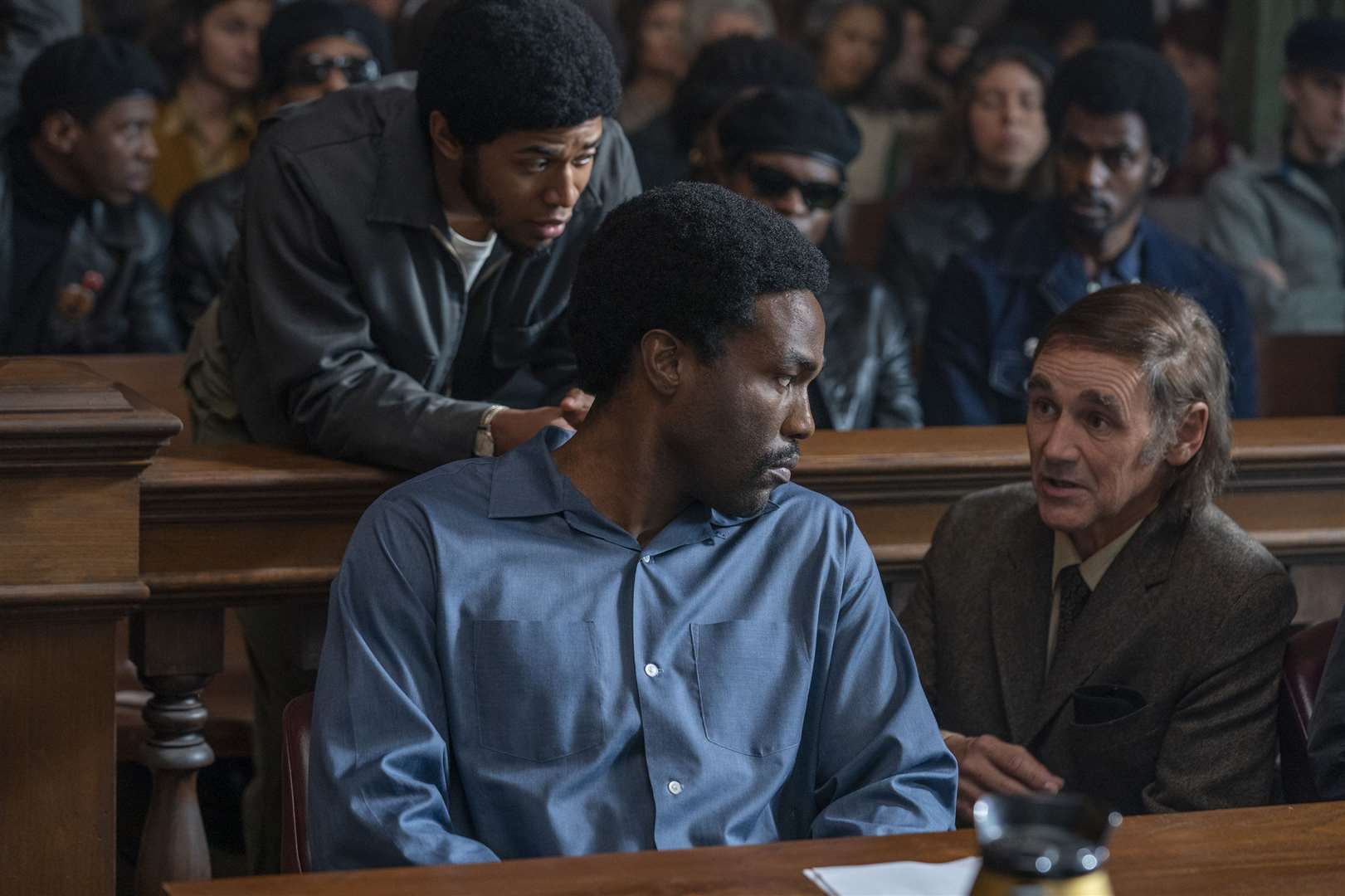 The Trial Of The Chicago 7. Pictured: Kelvin Harrison Jr as Fred Hampton, Yahya Abdul-Mateen II as Bobby Seale and Mark Rylance as William Kuntsler Picture: Netflix/Nico Tavernise