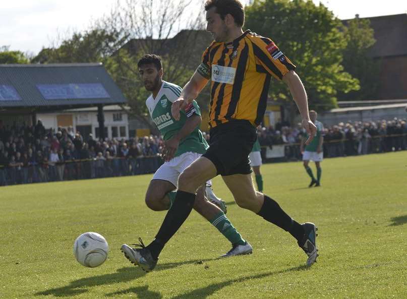 Liam Friend takes on Leatherhead in the play-off final Picture: Gary Browne