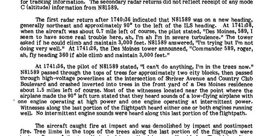An excerpt from the National Transportation Safety Board report into the 1985 Iowa State plane crash