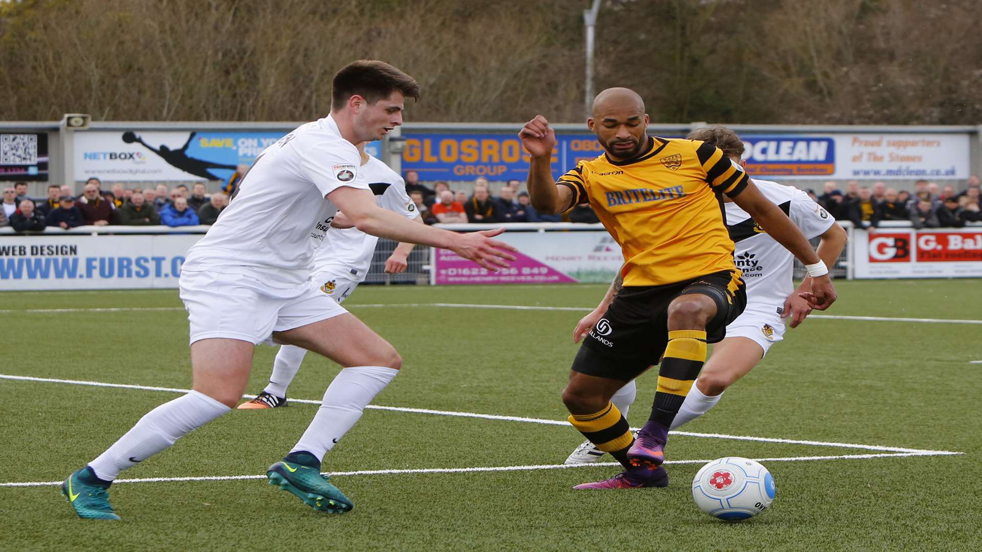 Delano Sam-Yorke works the Southport defence on his final loan appearance for Maidstone Picture: Andy Jones