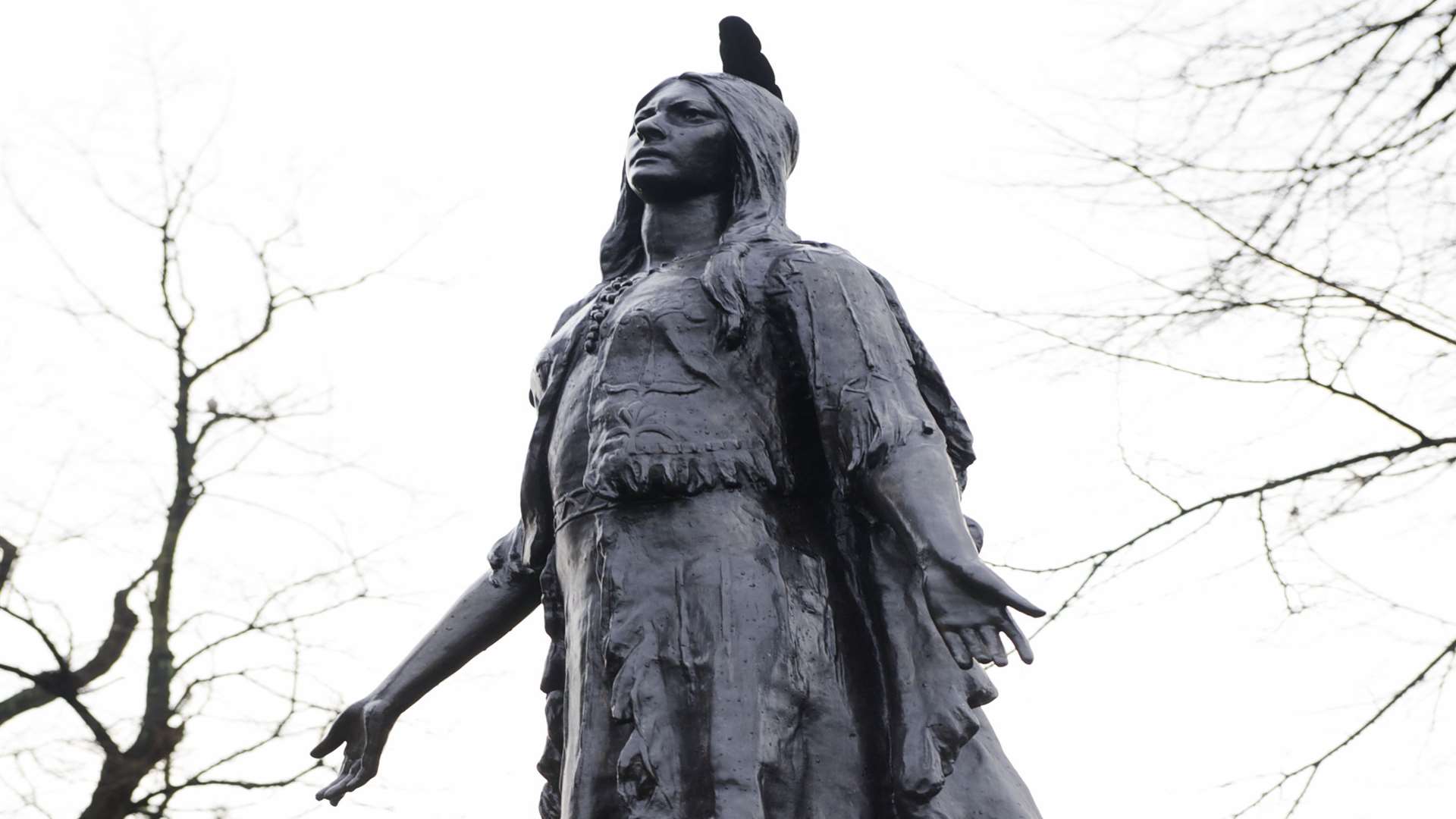 The statue of Pocahontas in Pocahontas Gardens, St George's Church, Gravesend