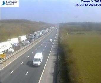 Traffic queuing on the coastbound M20 near Maidstone. Picture: Highways England