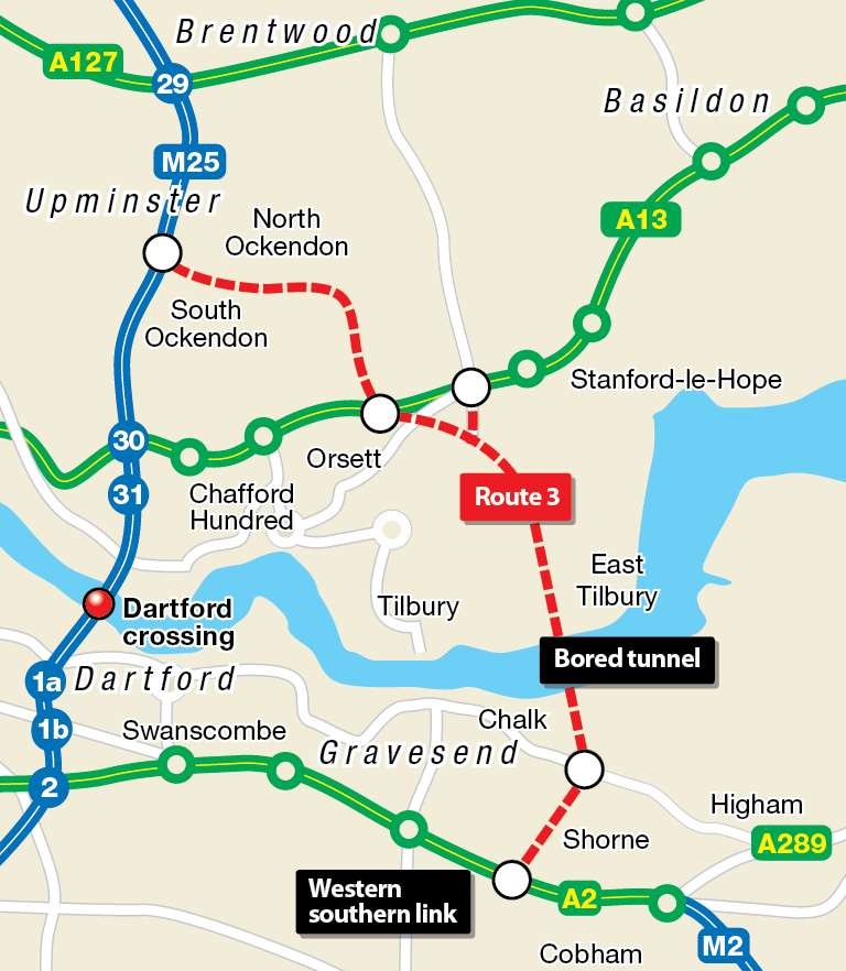 The Lower Thames Crossing will follow the route in red