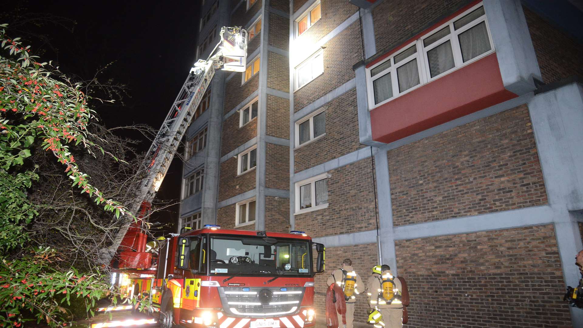 The height ladder in action fire fighting exercise Melville Court.