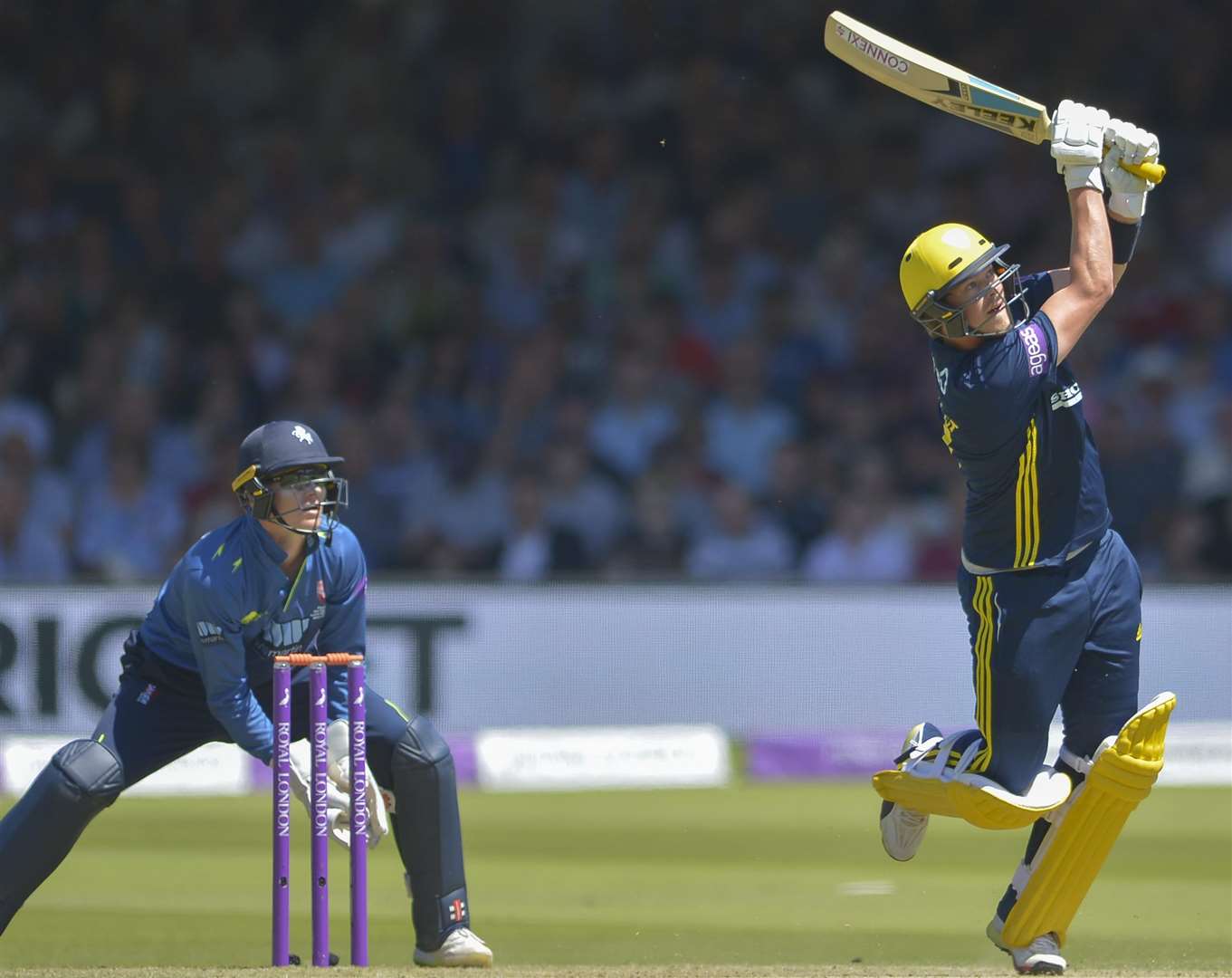 Former Kent skipper Sam Northeast launches the ball to the boundary for Hampshire Picture: Ady Kerry