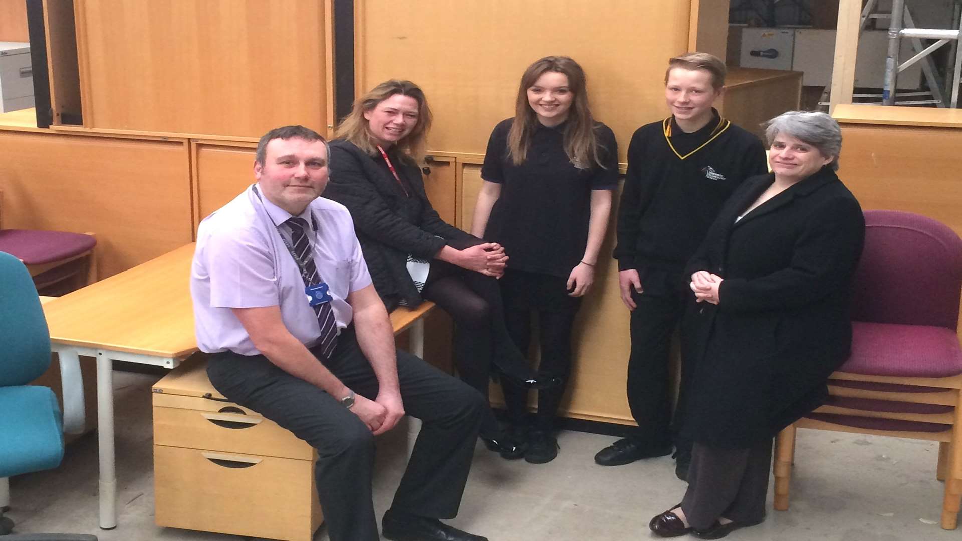 Andy Fisher, Kimberley Anderson and Year 8 pupils Emileigh Guest and Josh Carey, with head teacher Tracey Savage