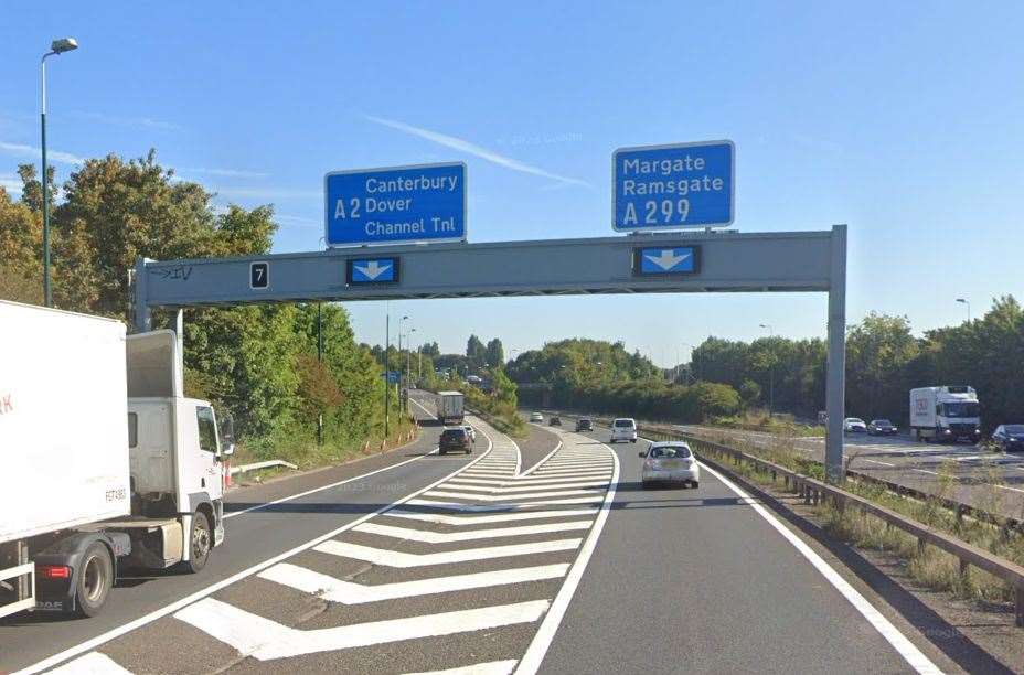 One lane on the M2 is closed after a crash near Brenley Corner, Faversham. Picture: Google