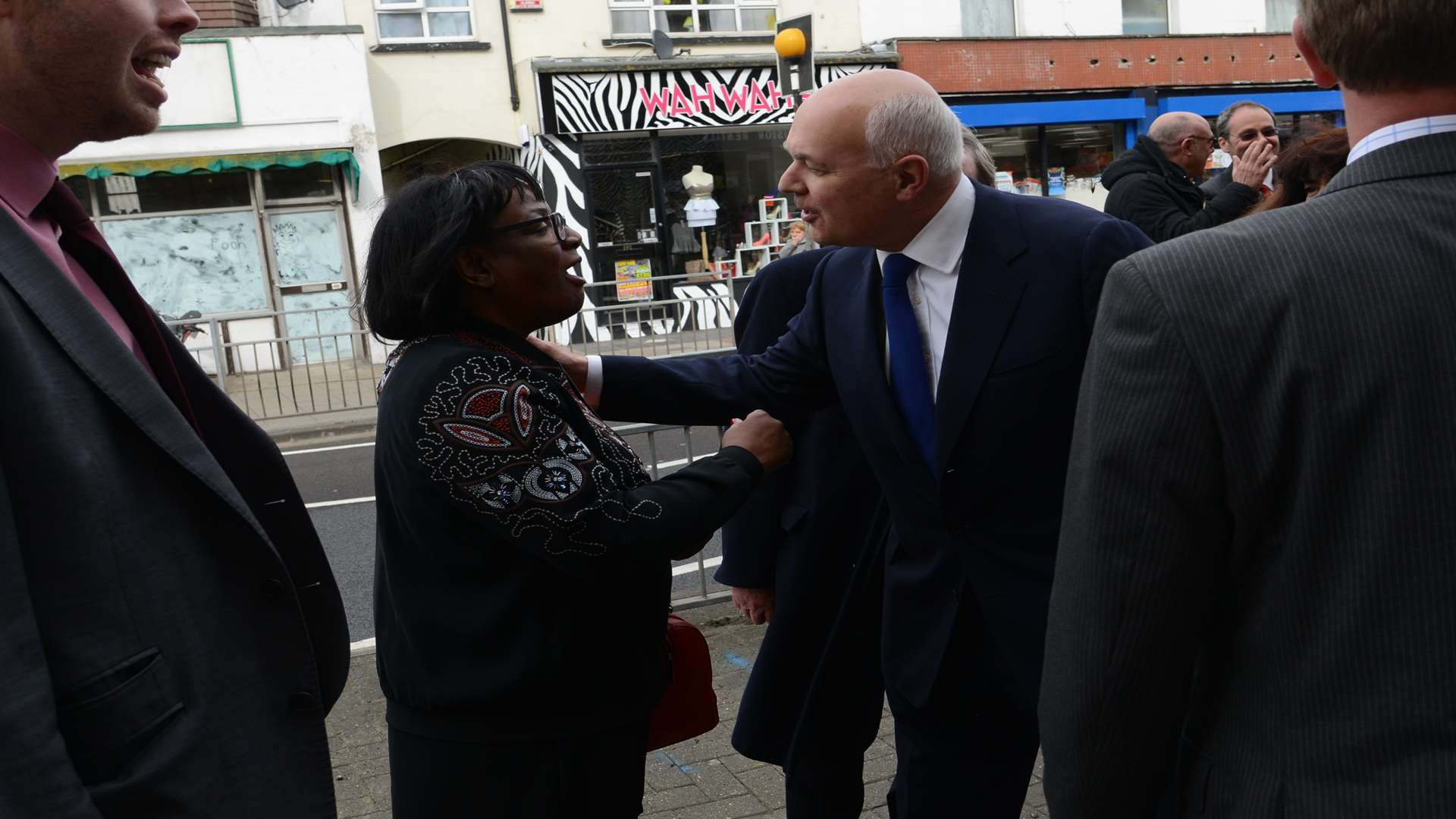 Iain Duncan Smith bumped into Diane Abbott on the campaign trail. Picture: Gary Browne.