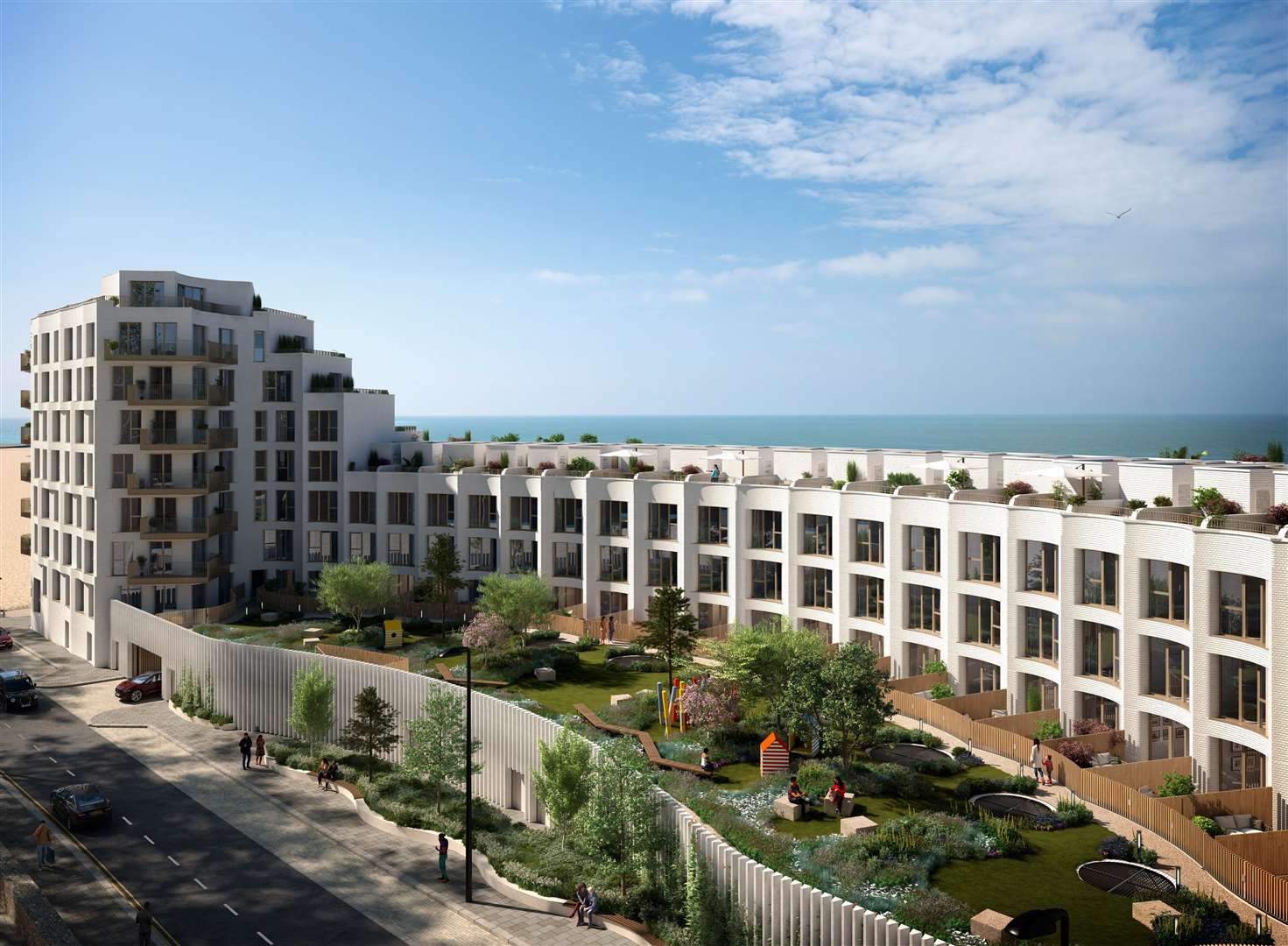 The Shoreline Crescent development on Folkestone seafront includes 20 townhouses – those currently on sale are valued at around £2m. Picture: Folkestone Harbour Seafront Development Company