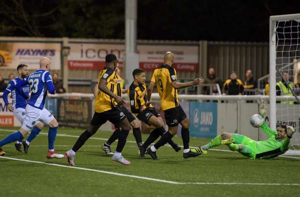 Alex Wynter puts Maidstone in front against Macclesfield Picture: Andy Payton