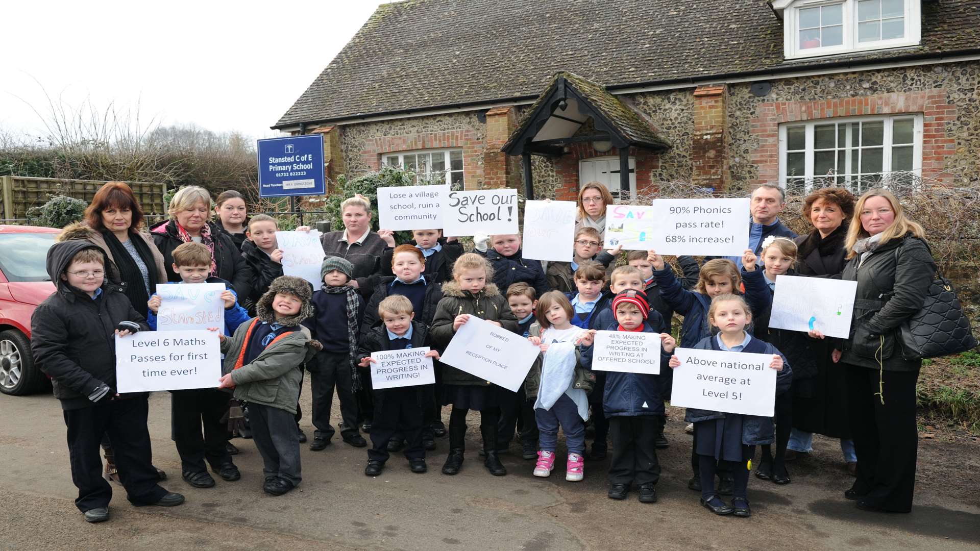 Parents and pupils outside Stansted school