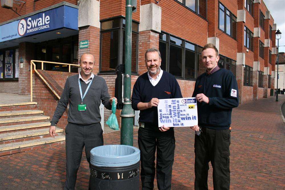 Environment response manager Alister Andrews, animal control officer Tim Oxley and warden Daniel Bacon with the new bag it, bin it, win it campaign flyer
