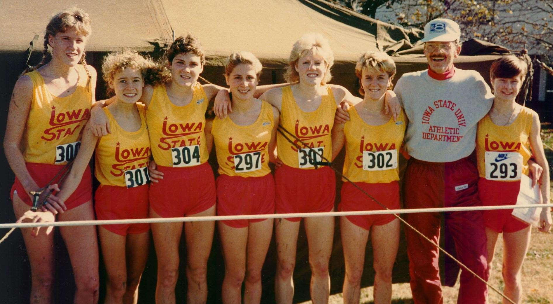 Charlene Letzring, Sheryl Maahs, Bonnie Sons, Tami Colby, Jill Slettedahl, Julie Rose, head coach Ron Renko and Sue Baxter. Picture: Iowa State University