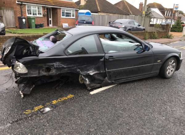 The car was damaged in a crash in Dymchurch Road. Picture: @Kentpoliceroads