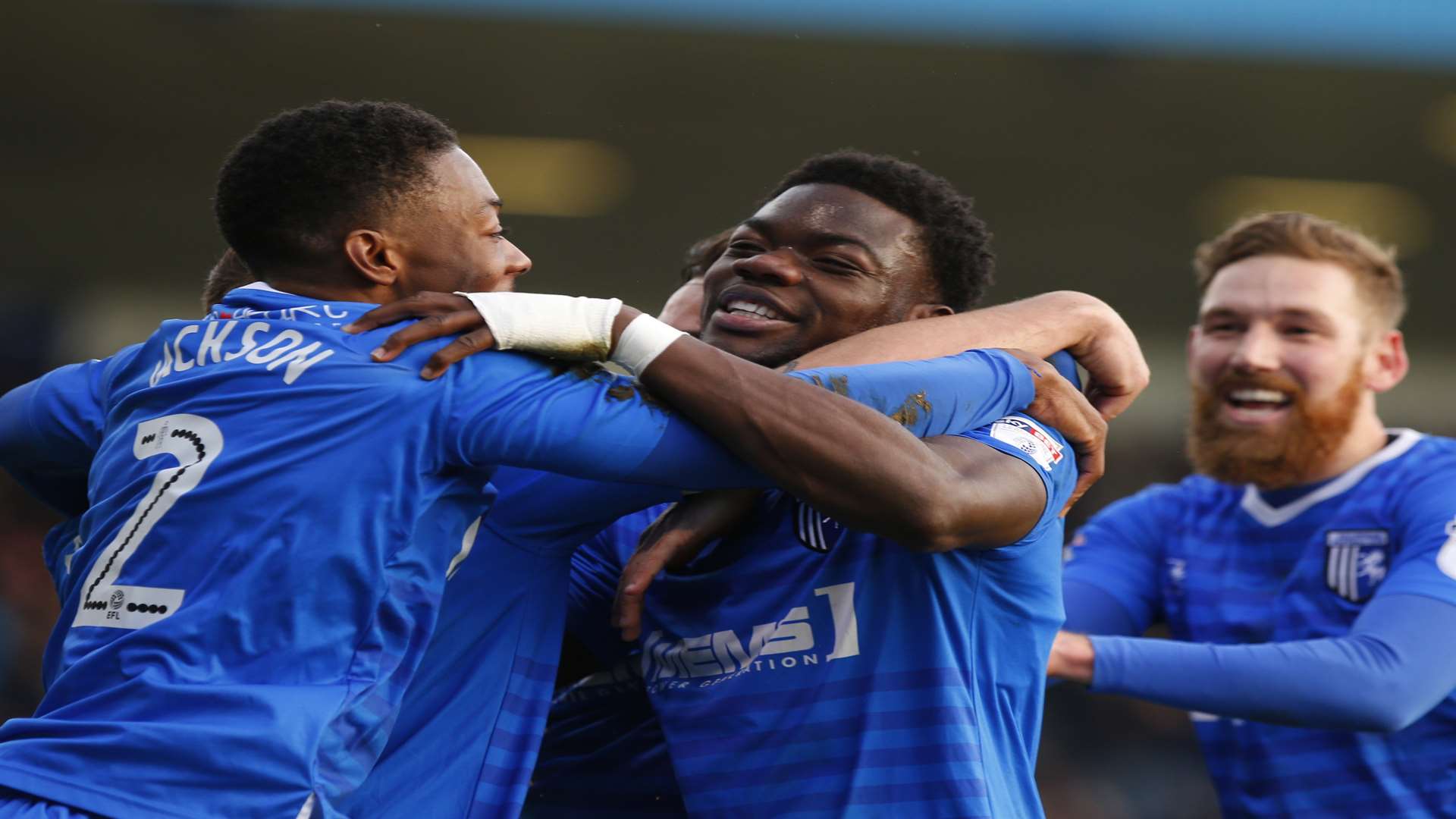 Deji Oshilaja celebrates scoring against Shrewsbury in the last meeting at Priestfield Picture: Andy Jones