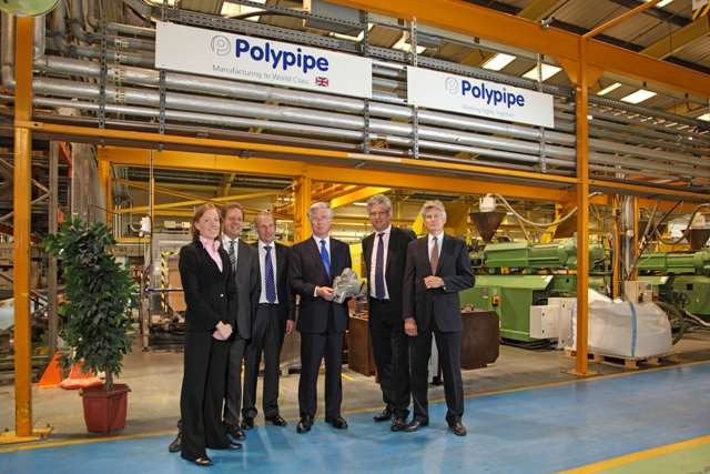 Business Minister Michael Fallon MP (centre) flanked by Polypipe Group’s CEO David Hall and Polypipe Terrain’s Commercial Director Adam Turk following a tour of the Polypipe facilities in Aylesford