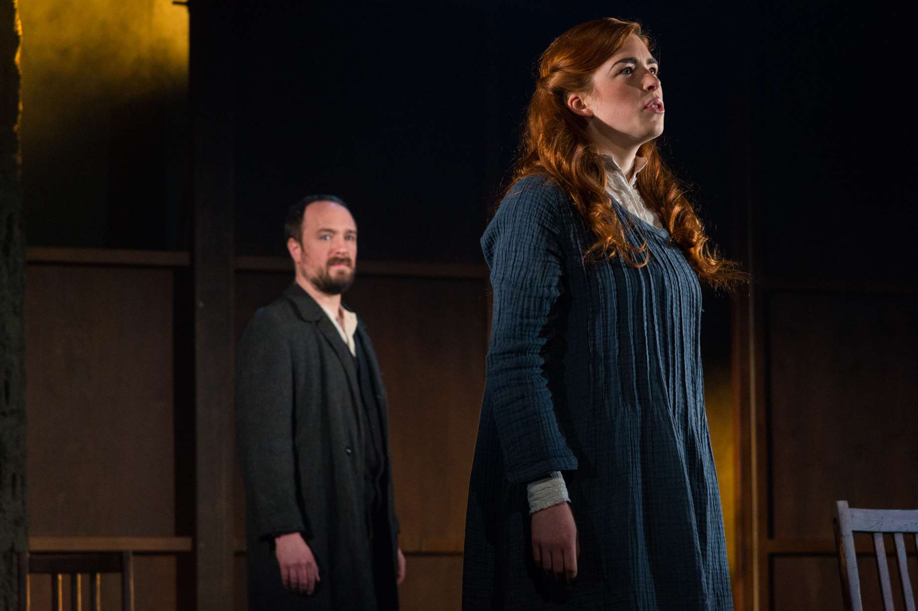 Eoin Slattery as John Proctor and Lucy Keirl as Abigail Williams in The Crucible