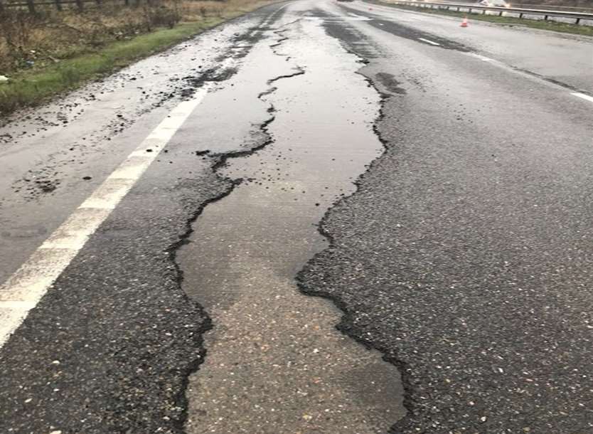 Surface damage on the A249. Picture: Hugh Fitzgibbon