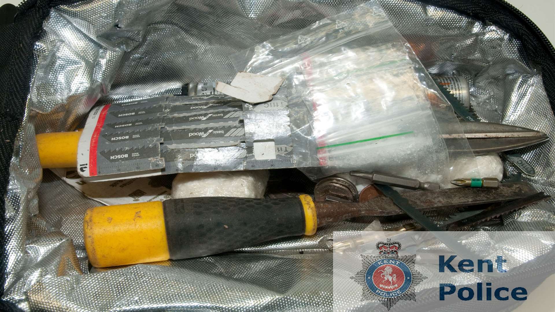 Cocaine mixed with tools found in Dawson's car. Picture courtesy of Kent Police.