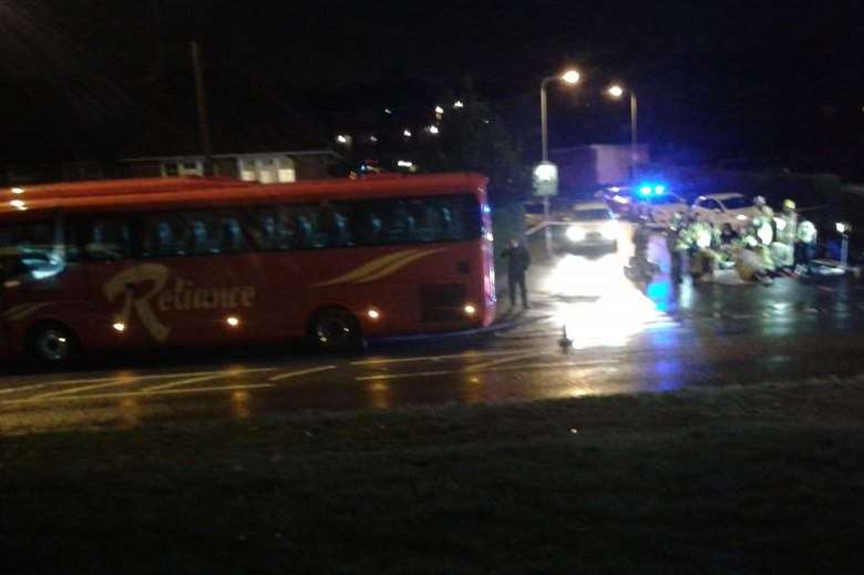The Reliance coach at the scene of the incident in Gravesend. Picture: Fraser Ross