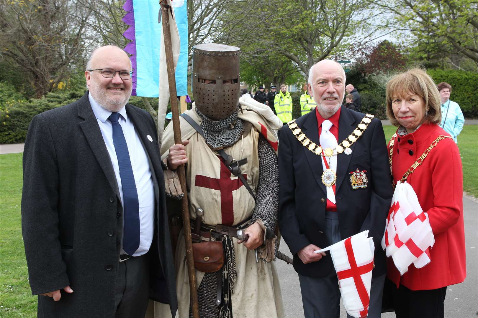 Jeremy Kite, The Leader of Dartford Council, a man dressed as St George, The Mayor of Dartford, Cllr Ian Armitt, the Mayoress Lynne Armitt.
