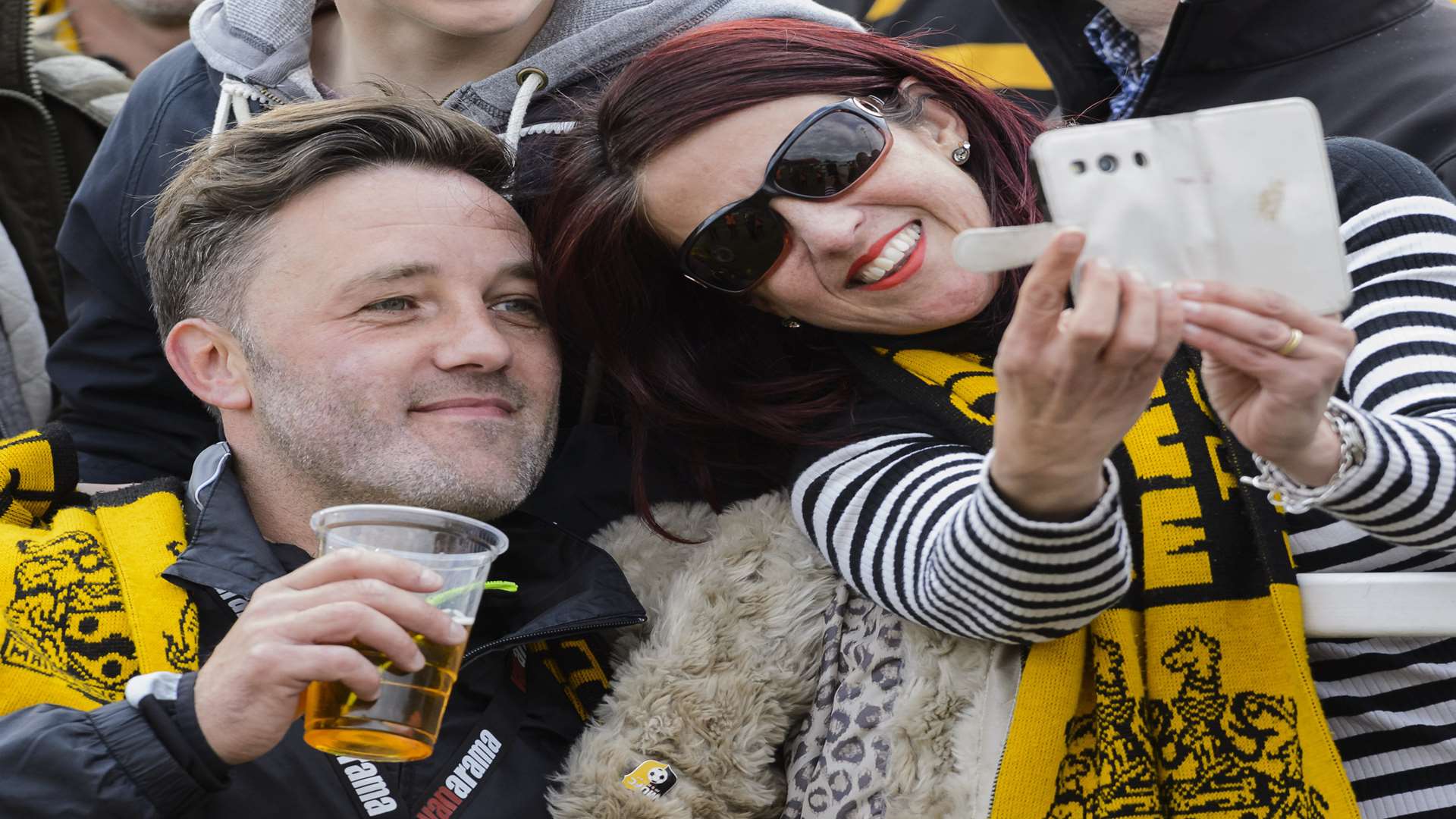 Pint and a selfie - how to celebrate by Maidstone boss Jay Saunders. Picture: Andy Payton