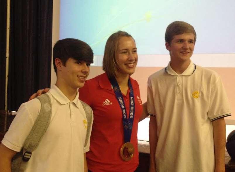 Bob skeleton Olympic champion Lizzy Yarnold with Year 11 students from Castle Community College.