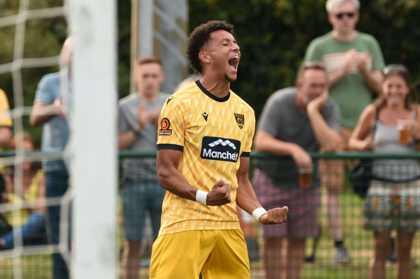 Sol Wanjau-Smith celebrates his hat-trick goal at Steyning. Picture: Steve Terrell