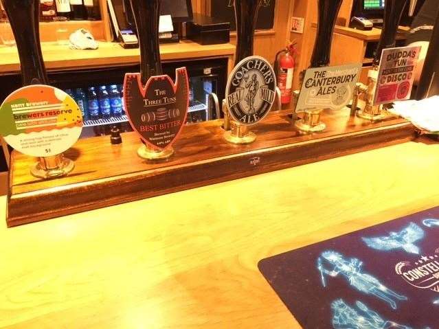 There are plenty of good options available – from left, Kent Brewery’s 5.0% pale ale, Three Tuns’ own bitter brewed for the pub by the Wantsum Brewery, Goachers Mild, A stout from Canterbury Ales and a very local cider from Dudda’s Tun