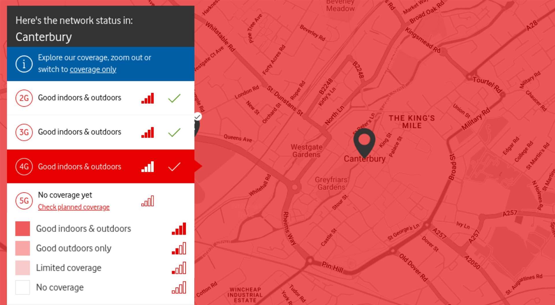 Vodafone claimed its signal map shows Canterbury city centre as having complete 4G coverage, but later conceded the map is a “guide” and it “cannot guarantee actual signal coverage”