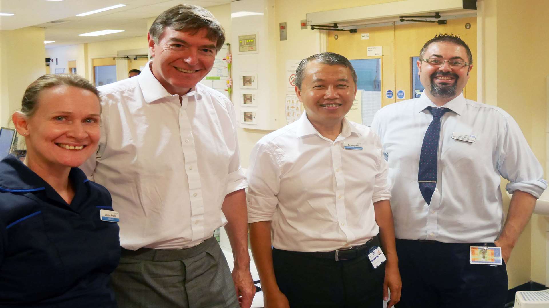 Philip Dunne MP (second left) with lead matron Louise Proffitt, Dr Aung Soe, and director of clinical operations for womena nd children, James Lowell